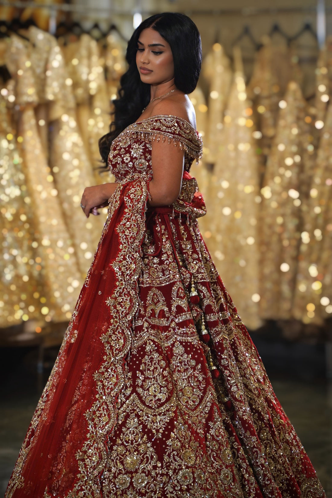 Deep Crimson Red Velvet Off-Shoulder Zardosi Embroidered Bridal Lehenga