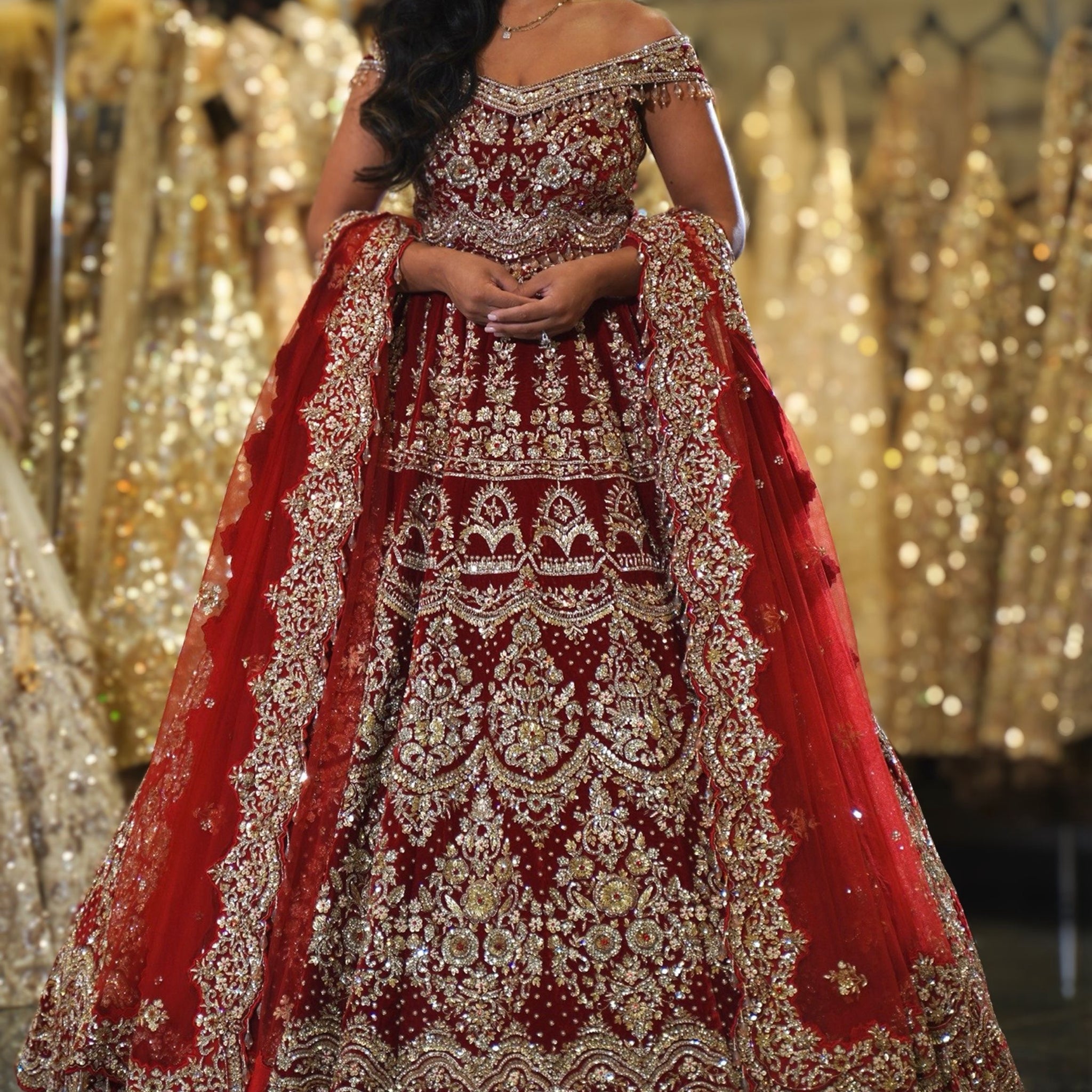 Deep Crimson Red Velvet Off-Shoulder Zardosi Embroidered Bridal Lehenga
