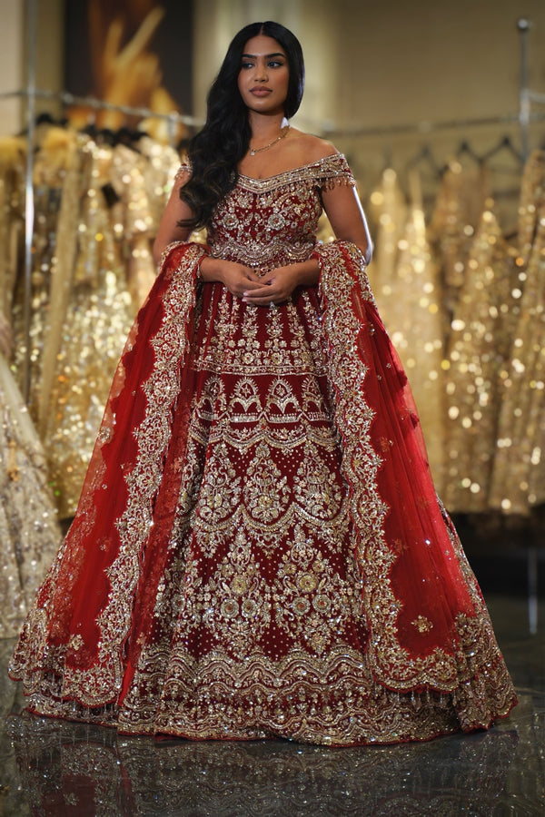 Deep Crimson Red Velvet Off-Shoulder Zardosi Embroidered Bridal Lehenga