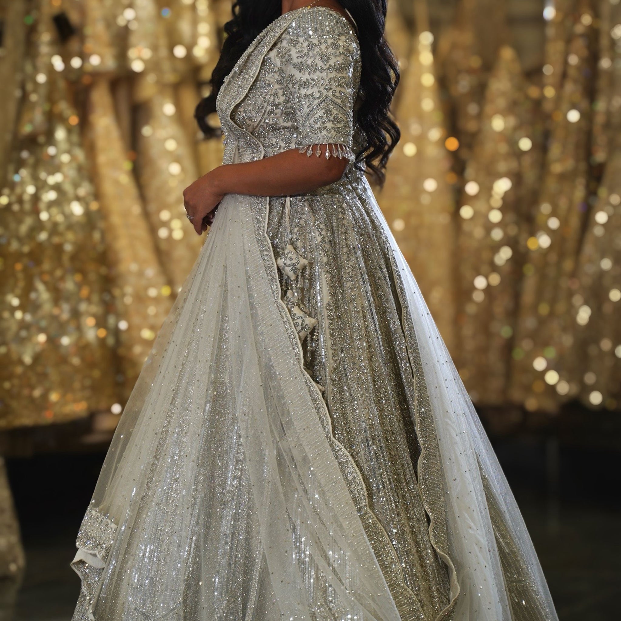 Pristine Silver & Ivory Linear Sequin Embroidered Bridal Lehenga