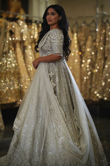 Pristine Silver & Ivory Linear Sequin Embroidered Bridal Lehenga