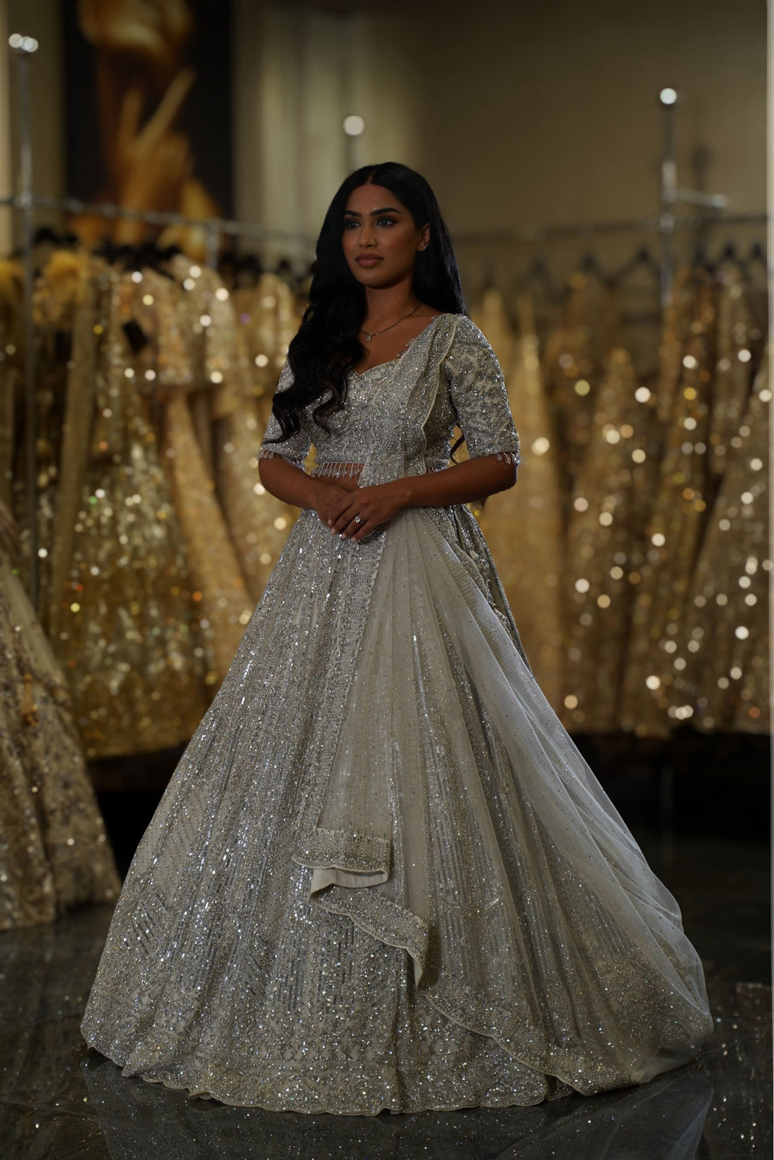 Pristine Silver & Ivory Linear Sequin Embroidered Bridal Lehenga