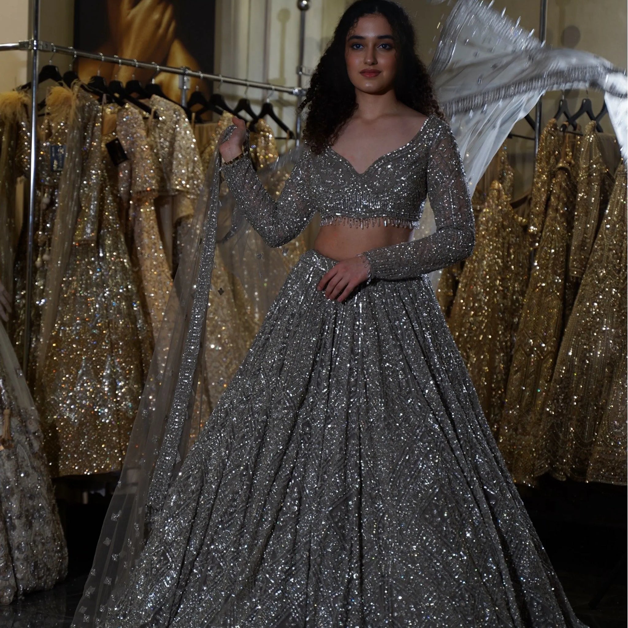 Graphite Grey Silver Sequin Embellished Bridal Lehenga
