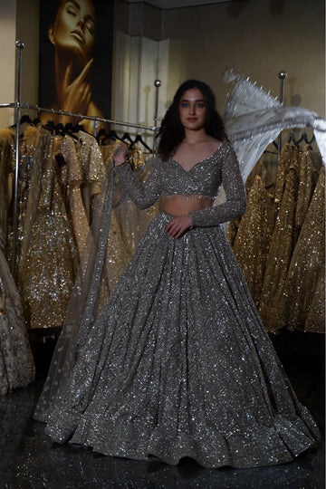 Graphite Grey Silver Sequin Embellished Bridal Lehenga