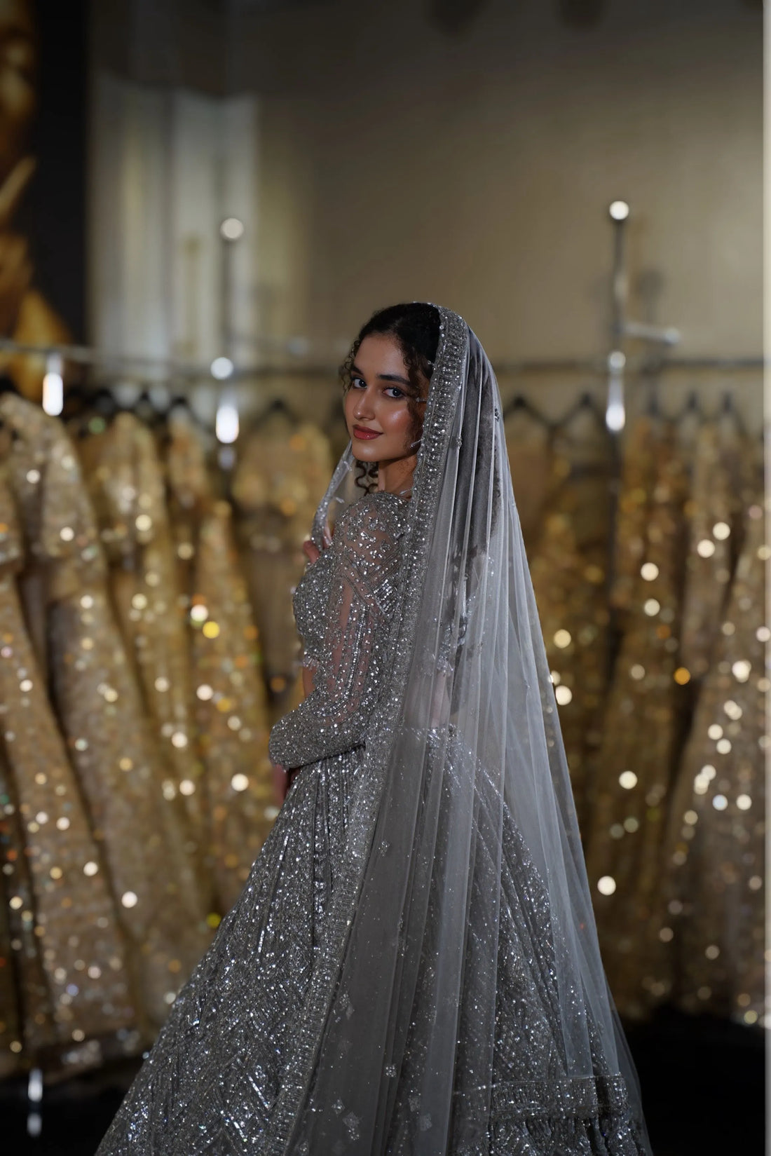 Graphite Grey Silver Sequin Embellished Bridal Lehenga