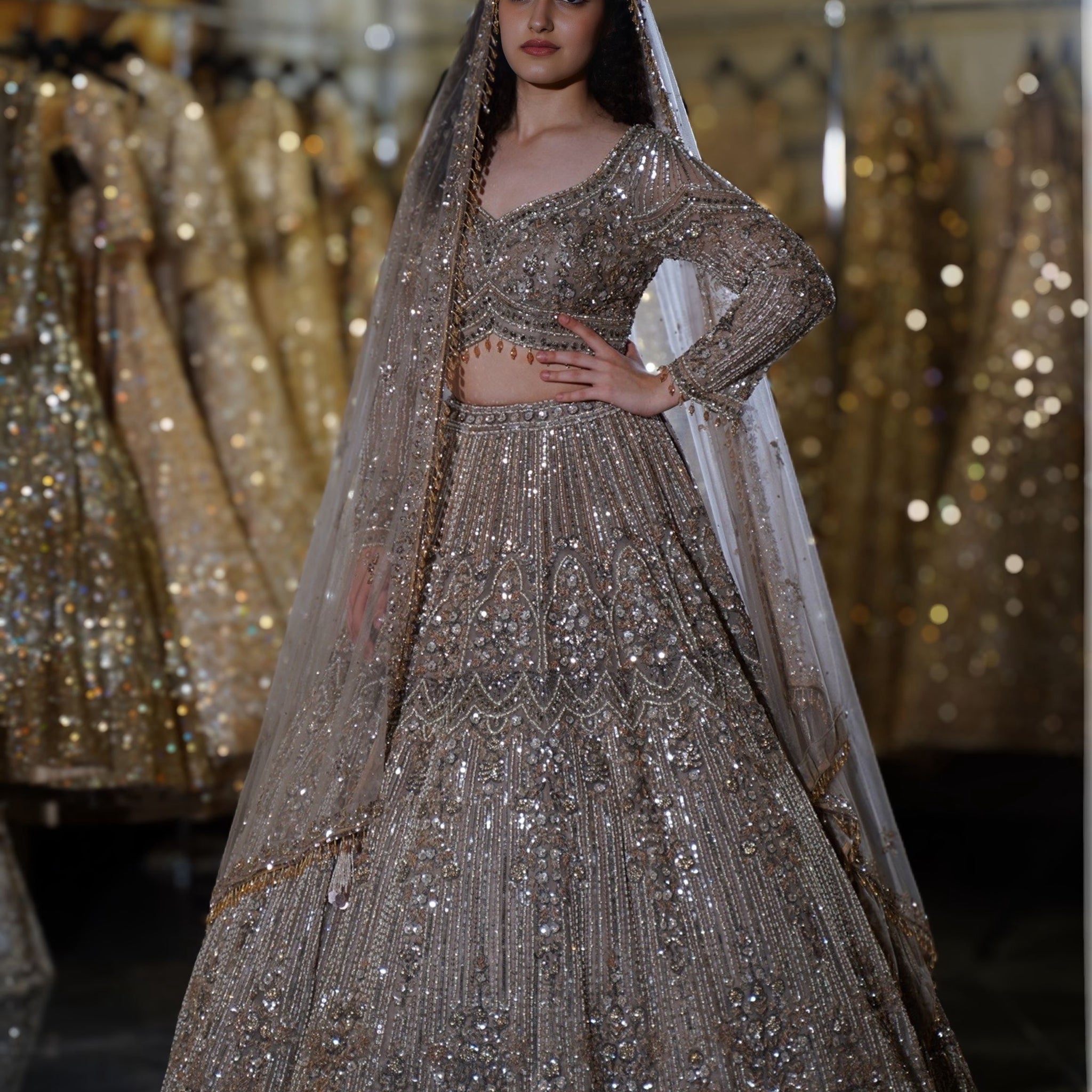 Dusty Taupe & Silver Scalloped Crystal Embroidered Bridal Lehenga
