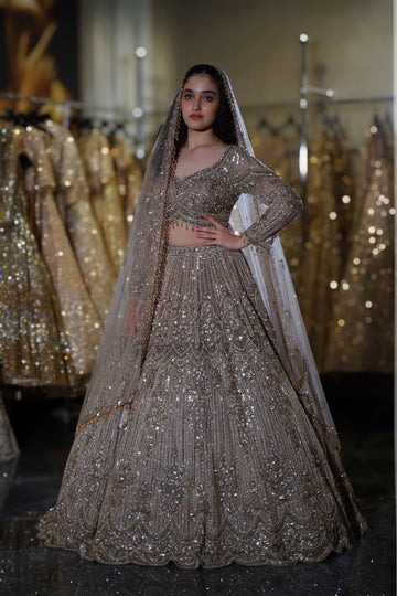 Dusty Taupe & Silver Scalloped Crystal Embroidered Bridal Lehenga