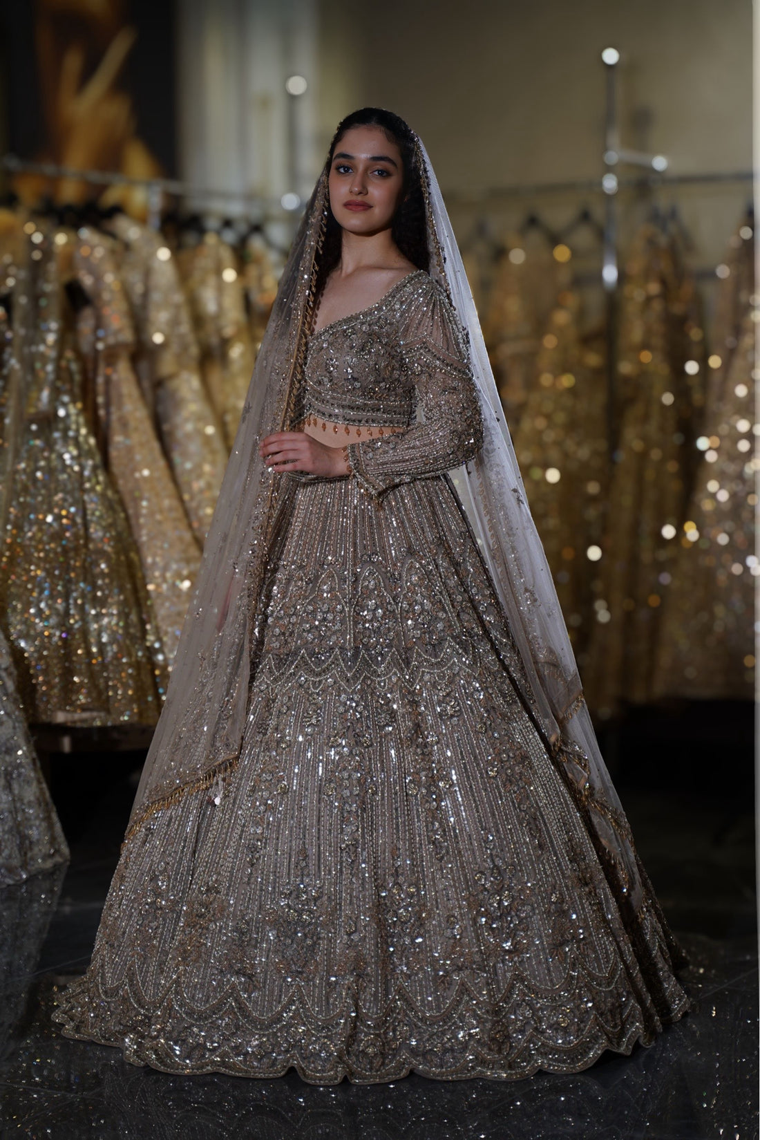 Dusty Taupe & Silver Scalloped Crystal Embroidered Bridal Lehenga