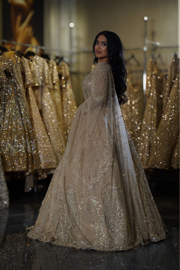 Champagne Gold Heavy Crystal & Linear Embroidered Bridal Lehenga