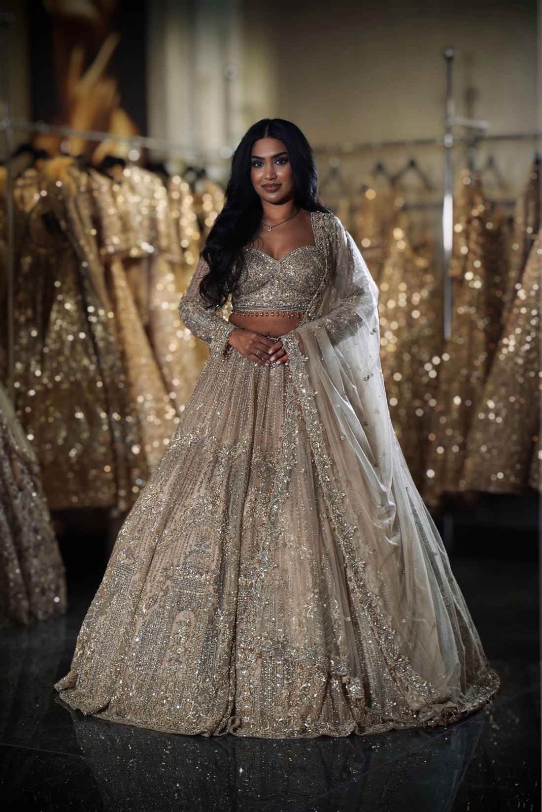 Champagne Gold Heavy Crystal & Linear Embroidered Bridal Lehenga