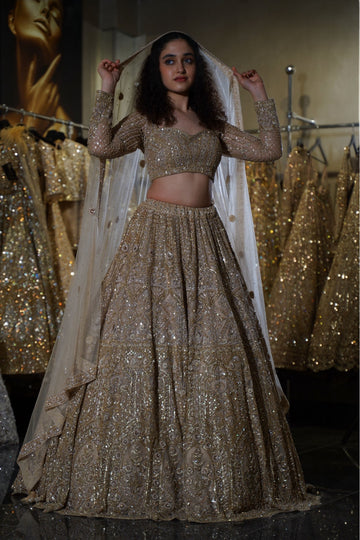 Champagne Gold Heavy Crystal & Zardosi Bridal Lehenga