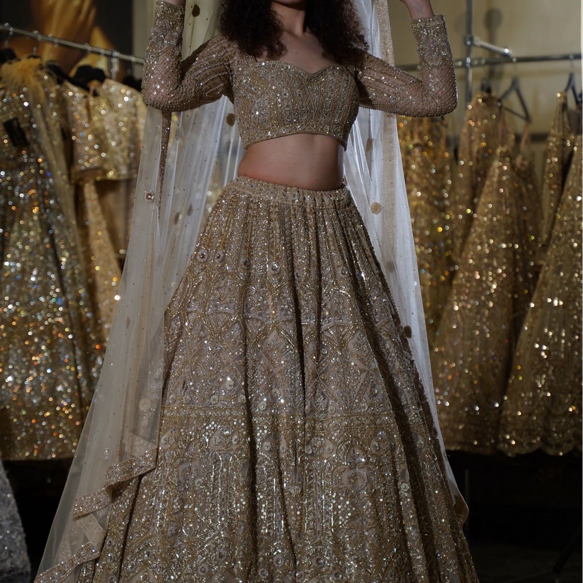 Antique Gold Sequin Embellished Bridal Lehenga Choli