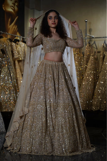 Antique Gold Sequin Embellished Bridal Lehenga Choli