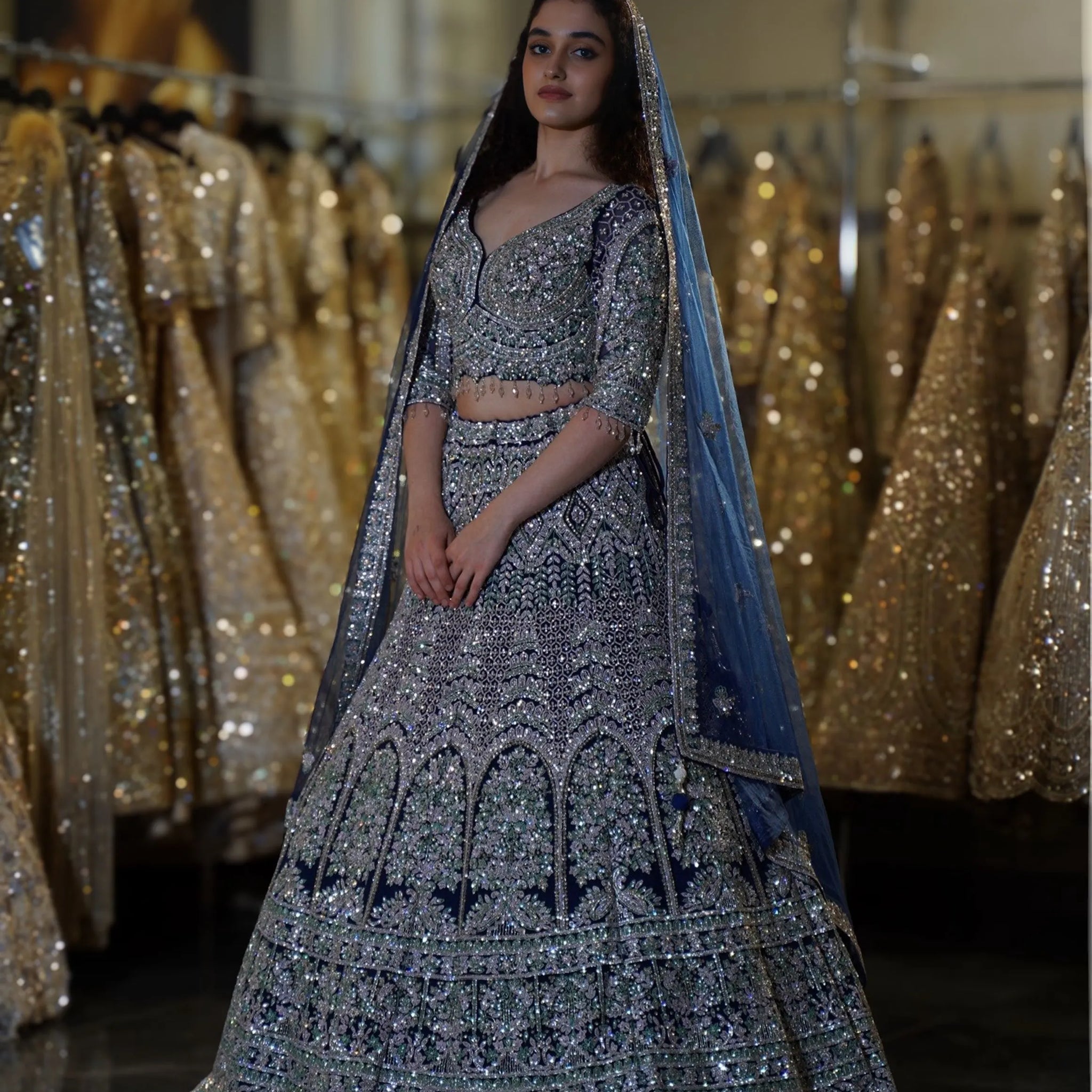 Midnight Blue Silver Sequin Embellished Bridal Lehenga Choli