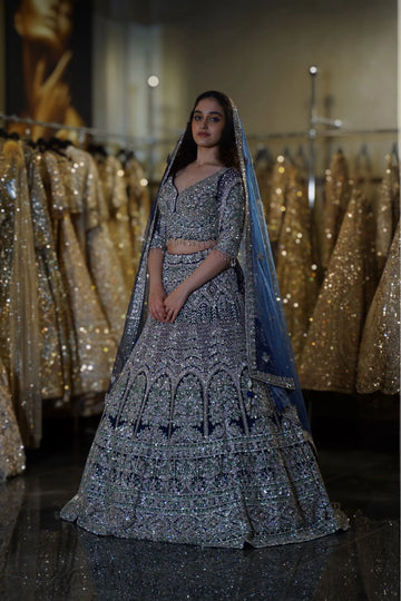Midnight Blue Silver Sequin Embellished Bridal Lehenga Choli