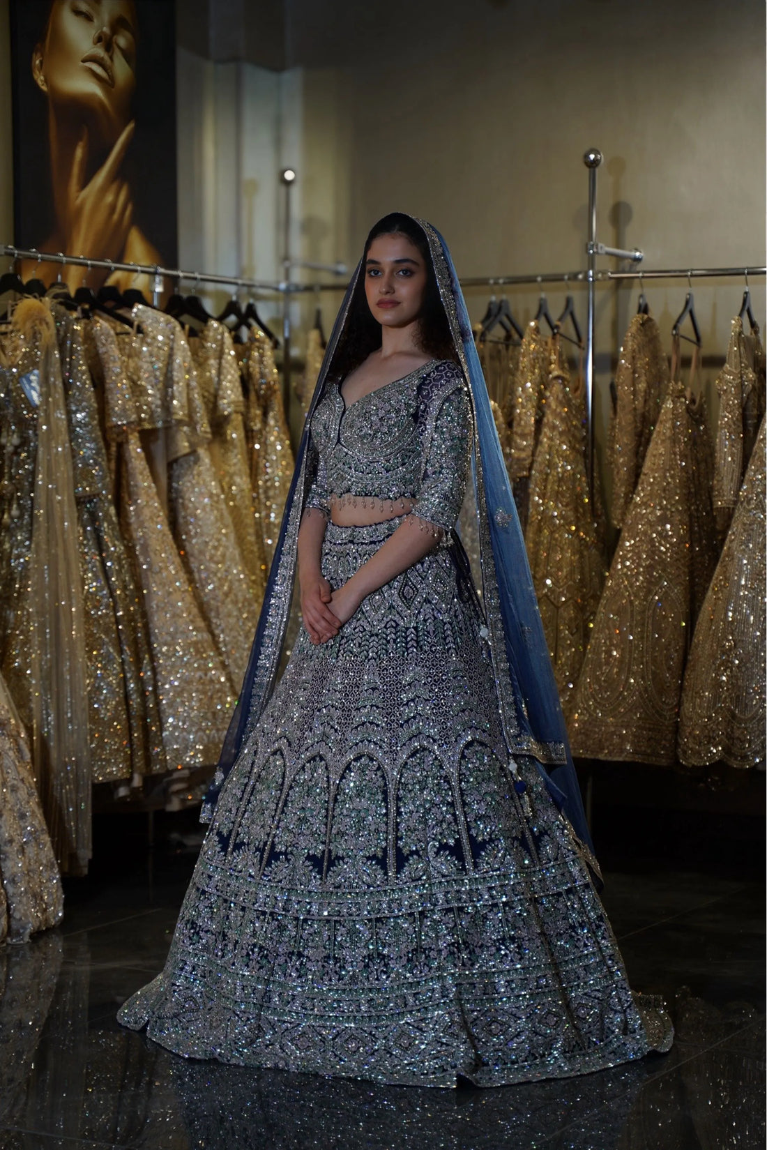Midnight Blue Silver Sequin Embellished Bridal Lehenga Choli