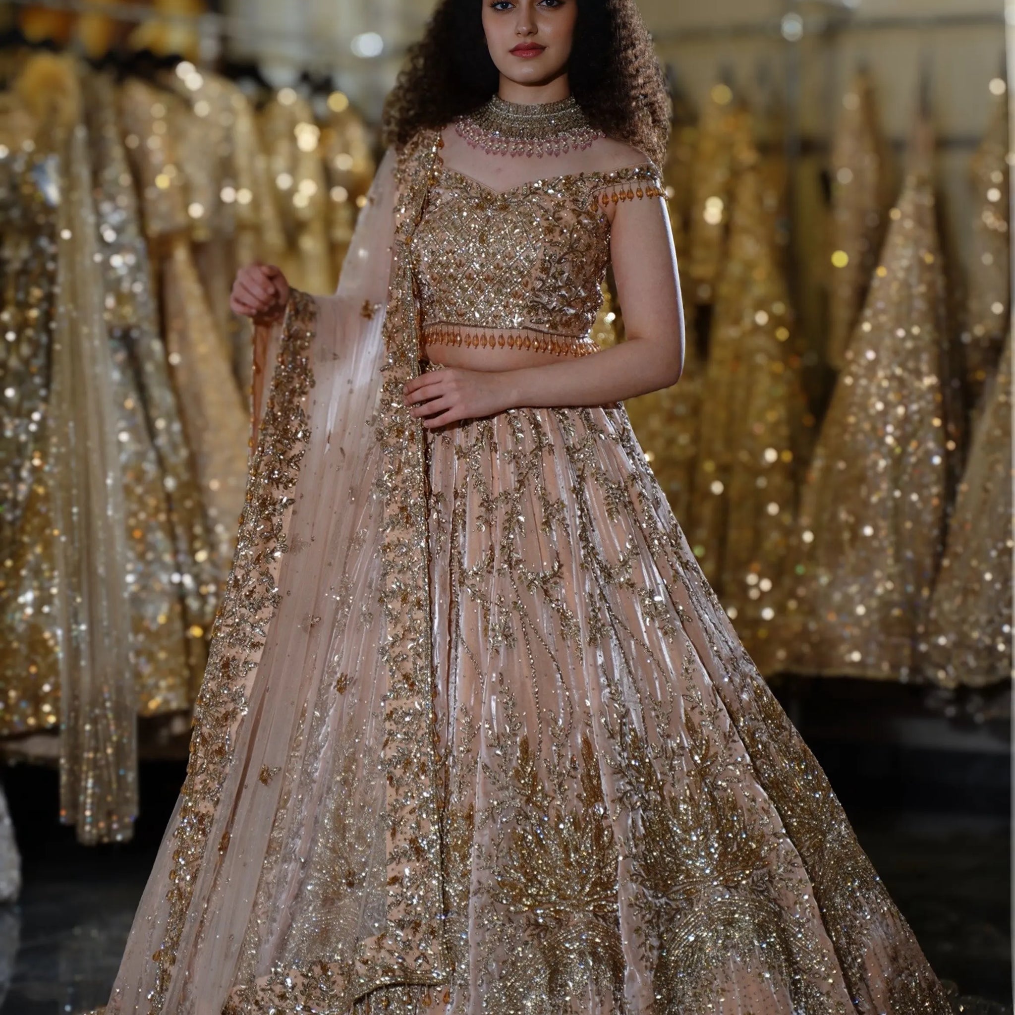 Champagne Gold Sequin Embellished Bridal Lehenga Choli