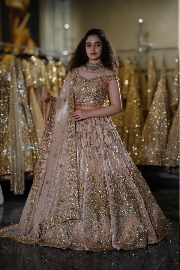 Champagne Gold Sequin Embellished Bridal Lehenga Choli