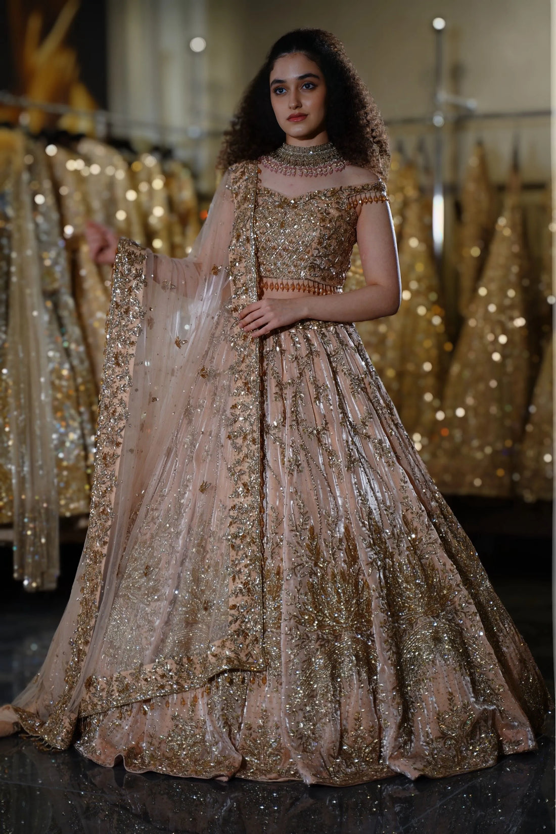 Champagne Gold Sequin Embellished Bridal Lehenga Choli