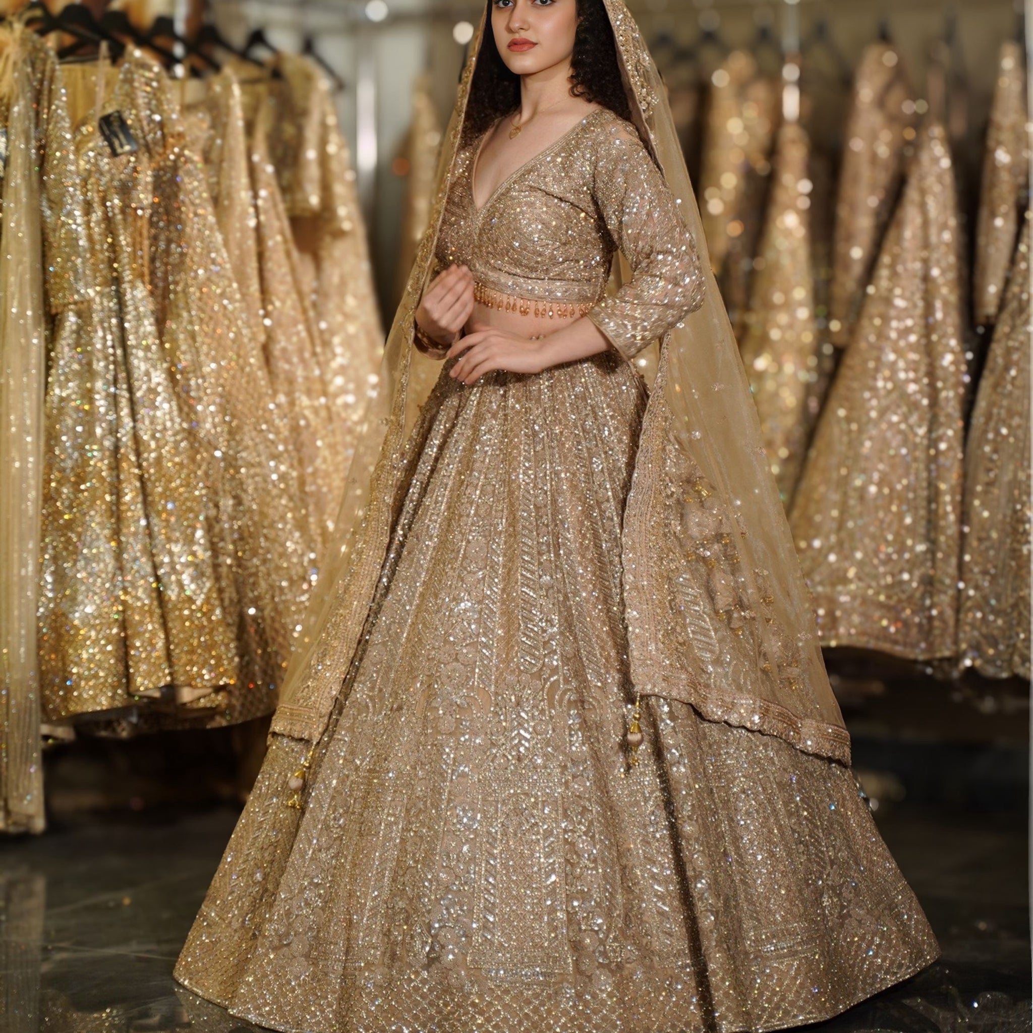 Antique Champagne Gold Geometric & Linear Sequin Lehenga Set