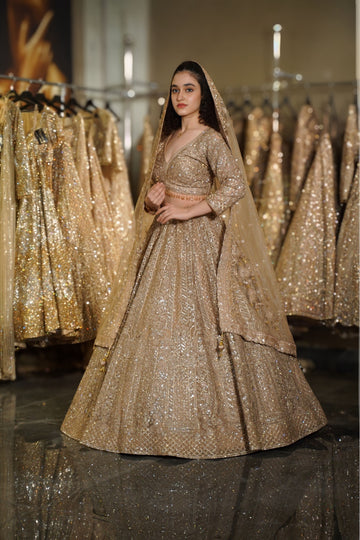Antique Champagne Gold Geometric & Linear Sequin Lehenga Set