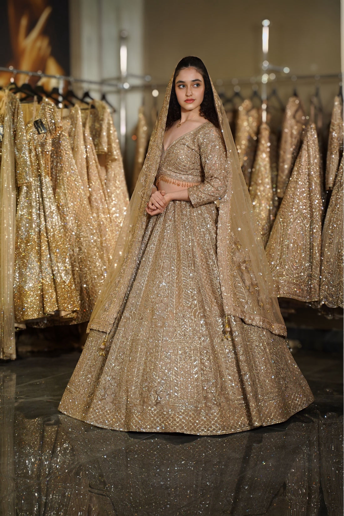 Antique Champagne Gold Geometric & Linear Sequin Lehenga Set