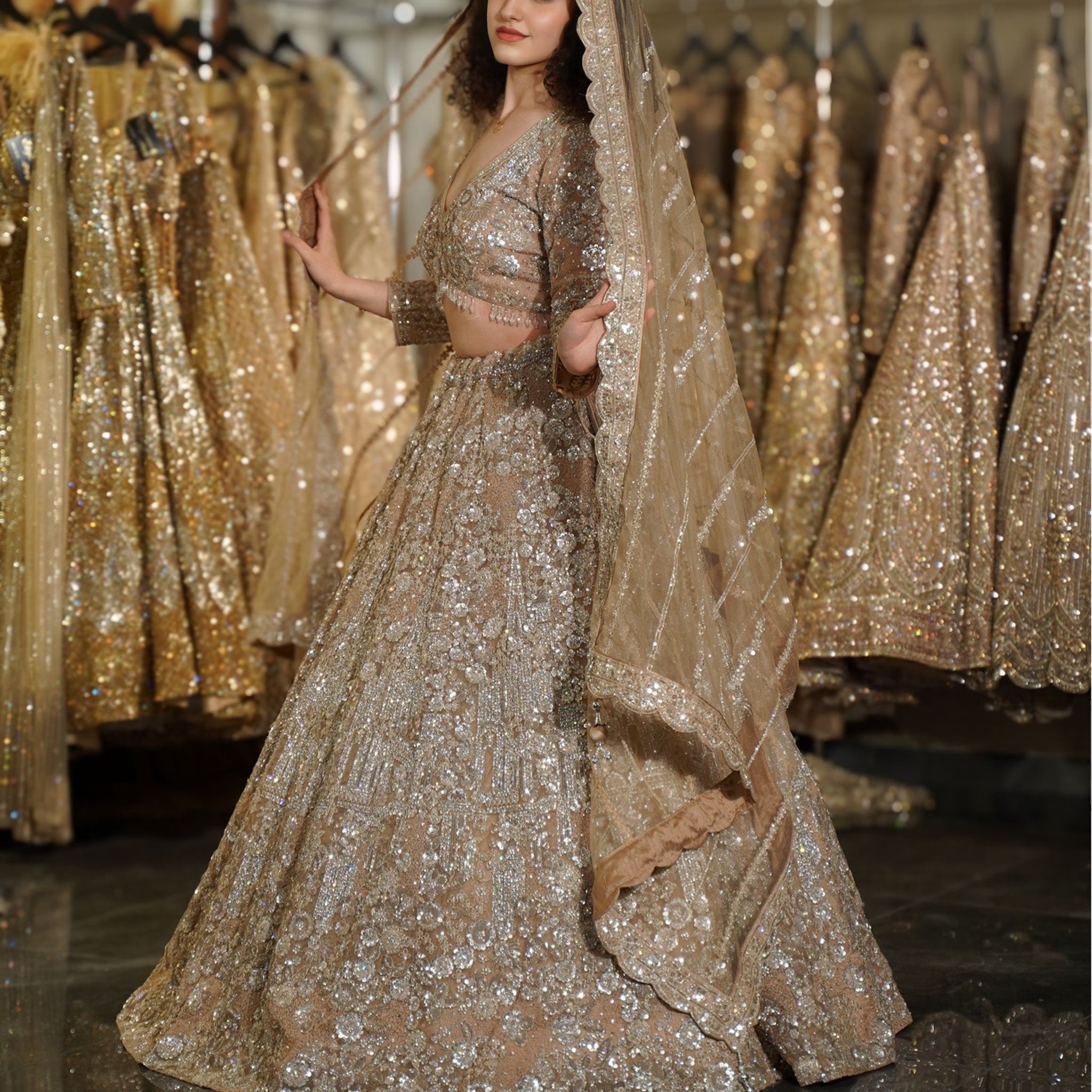 Biscuit Beige 3D Floral & Silver Sequin Embroidered Lehenga Set
