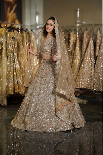 Biscuit Beige 3D Floral & Silver Sequin Embroidered Lehenga Set