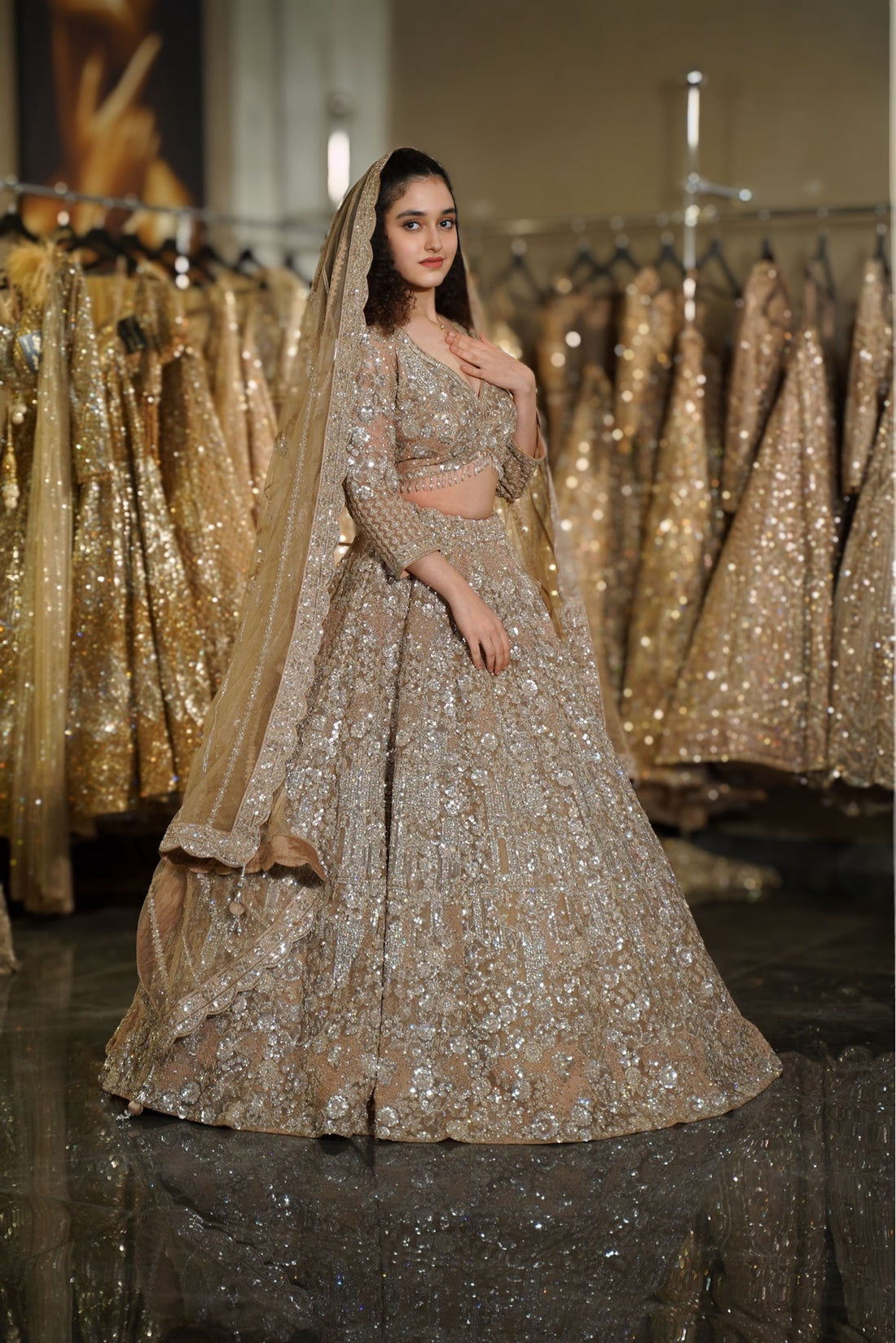 Biscuit Beige 3D Floral & Silver Sequin Embroidered Lehenga Set
