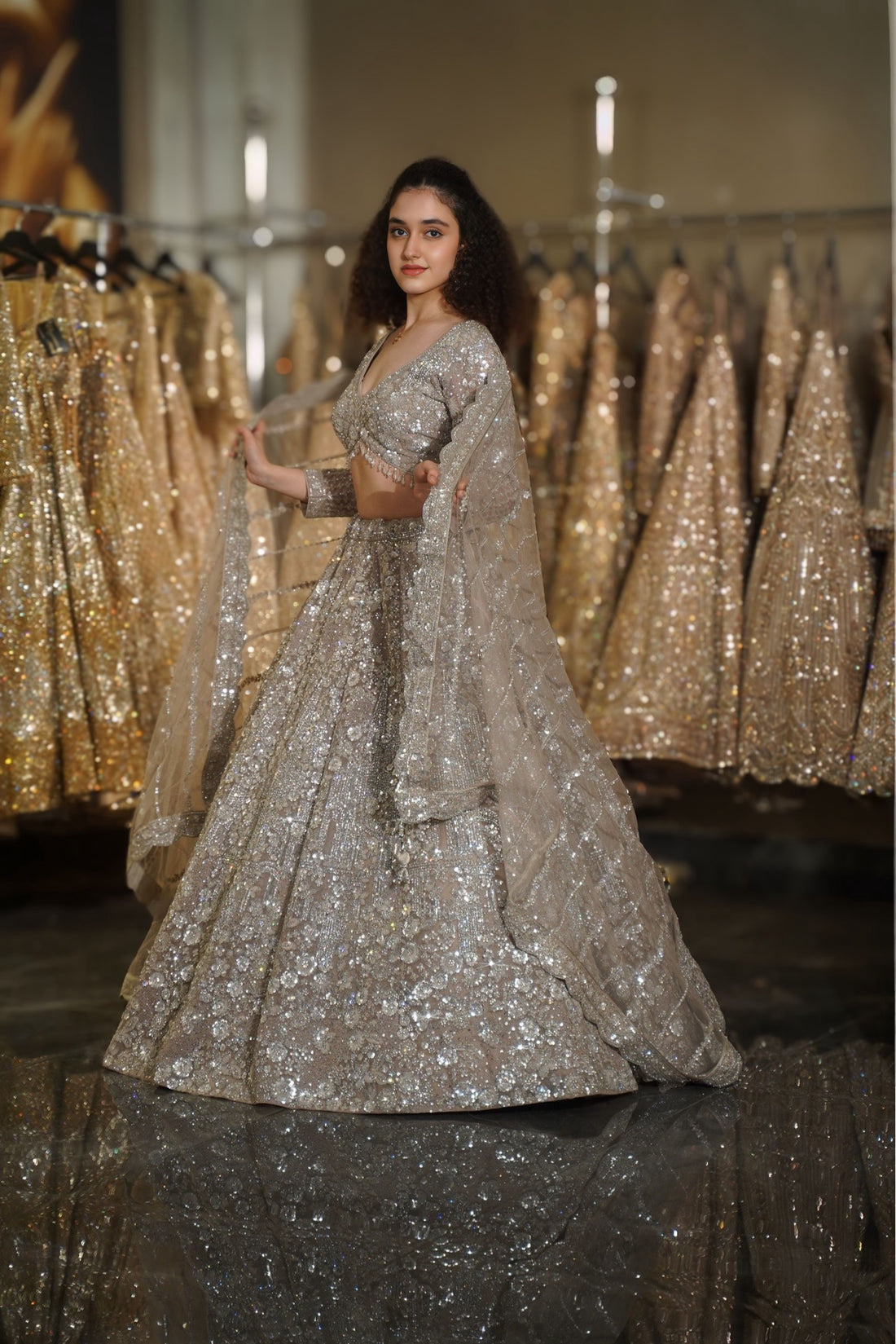 Platinum Silver 3D Floral & Sequin Embroidered Lehenga Set