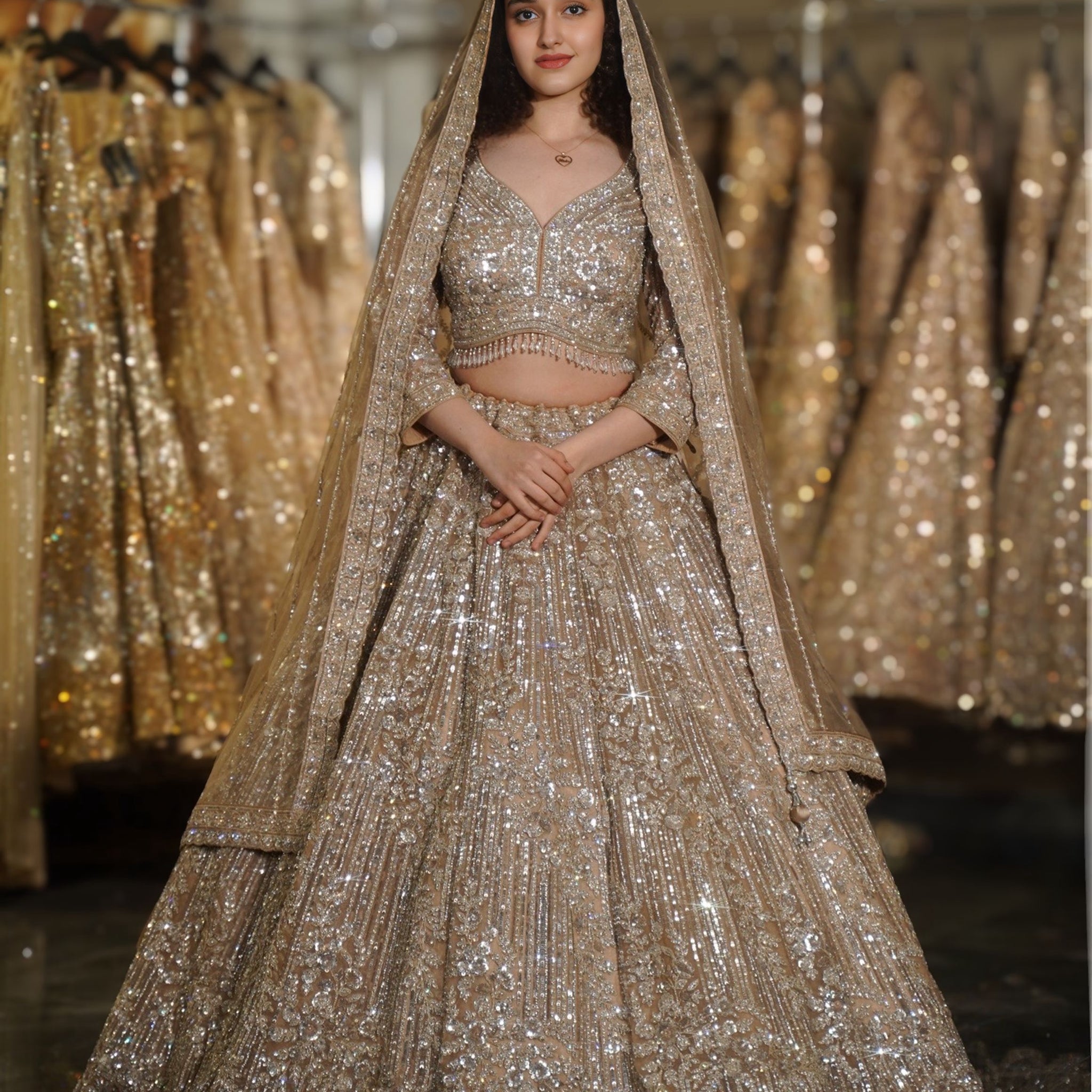 Champagne Gold Linear & Floral Sequin Embroidered Lehenga Set