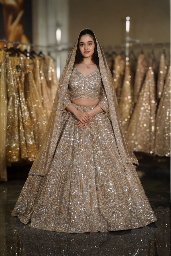 Champagne Gold Linear & Floral Sequin Embroidered Lehenga Set