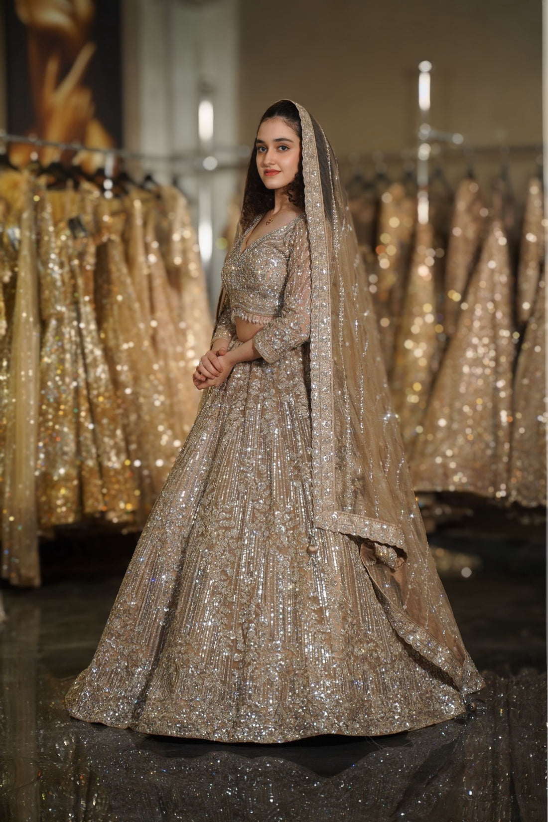 Champagne Gold Linear & Floral Sequin Embroidered Lehenga Set