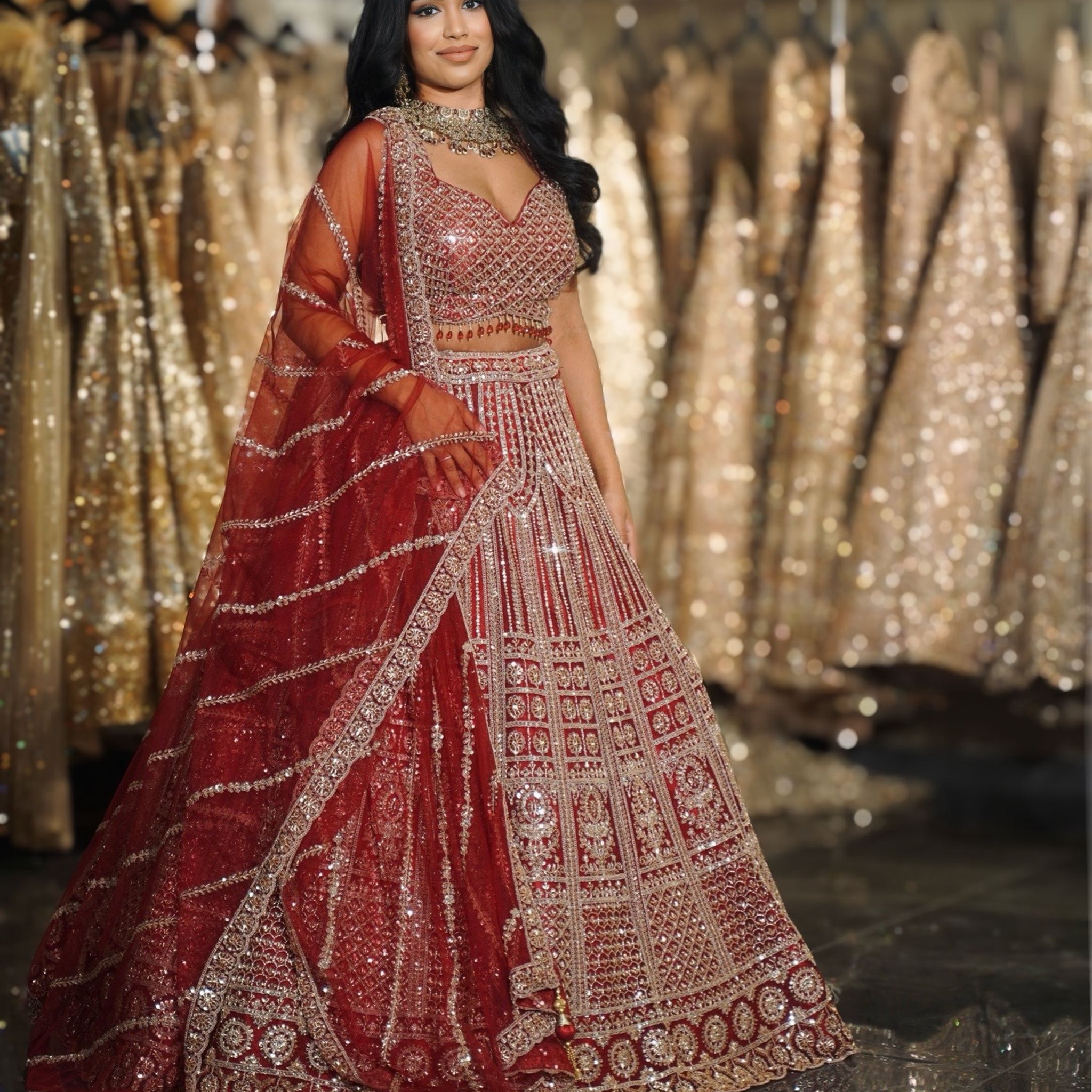 Deep Red Geometric Grid & Linear Sequin Embroidered Lehenga Set