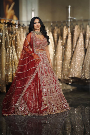 Deep Red Geometric Grid & Linear Sequin Embroidered Lehenga Set