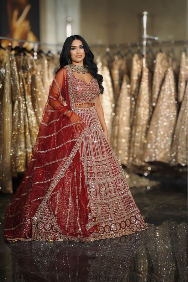 Deep Red Geometric Grid & Linear Sequin Embroidered Lehenga Set
