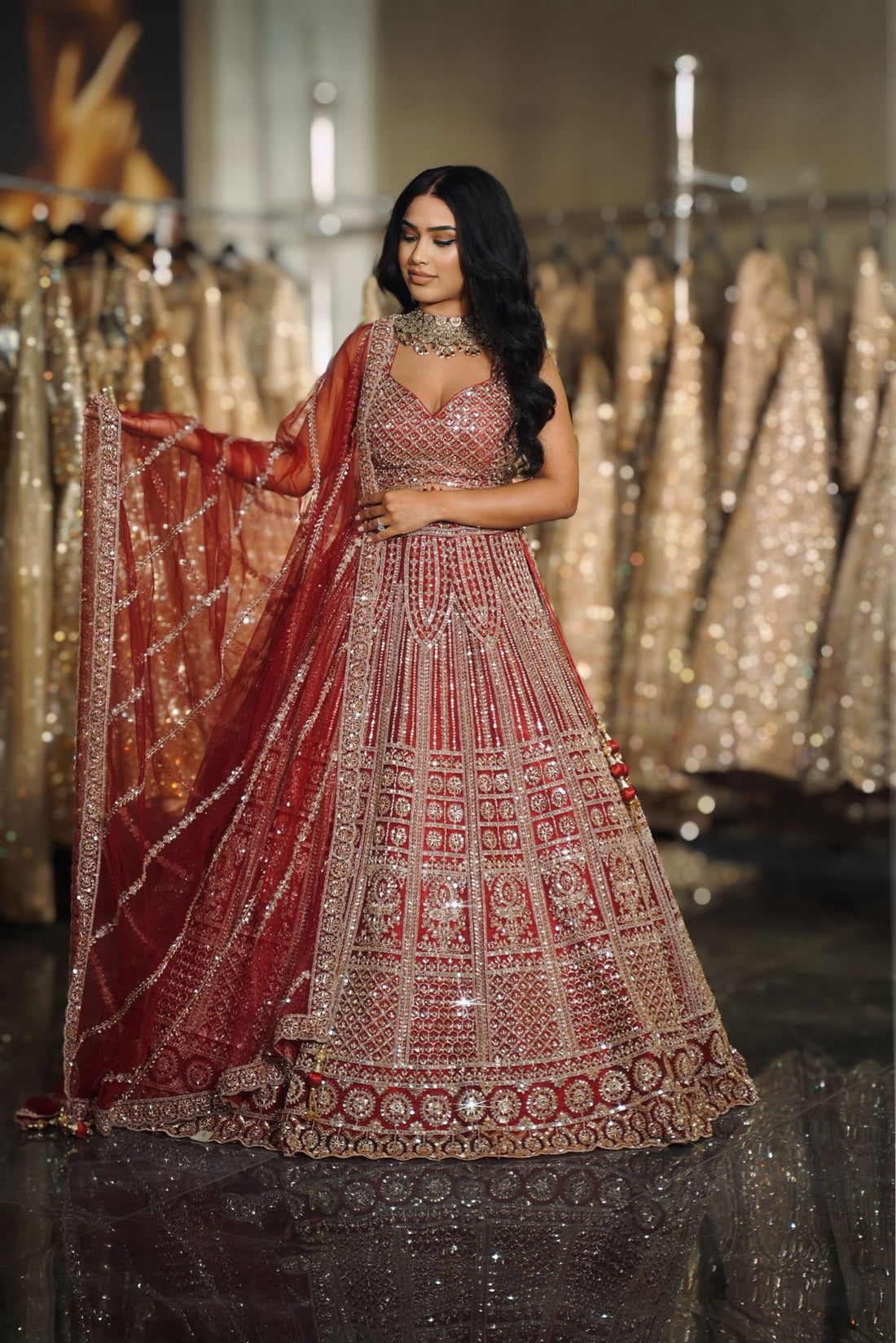 Deep Red Geometric Grid & Linear Sequin Embroidered Lehenga Set