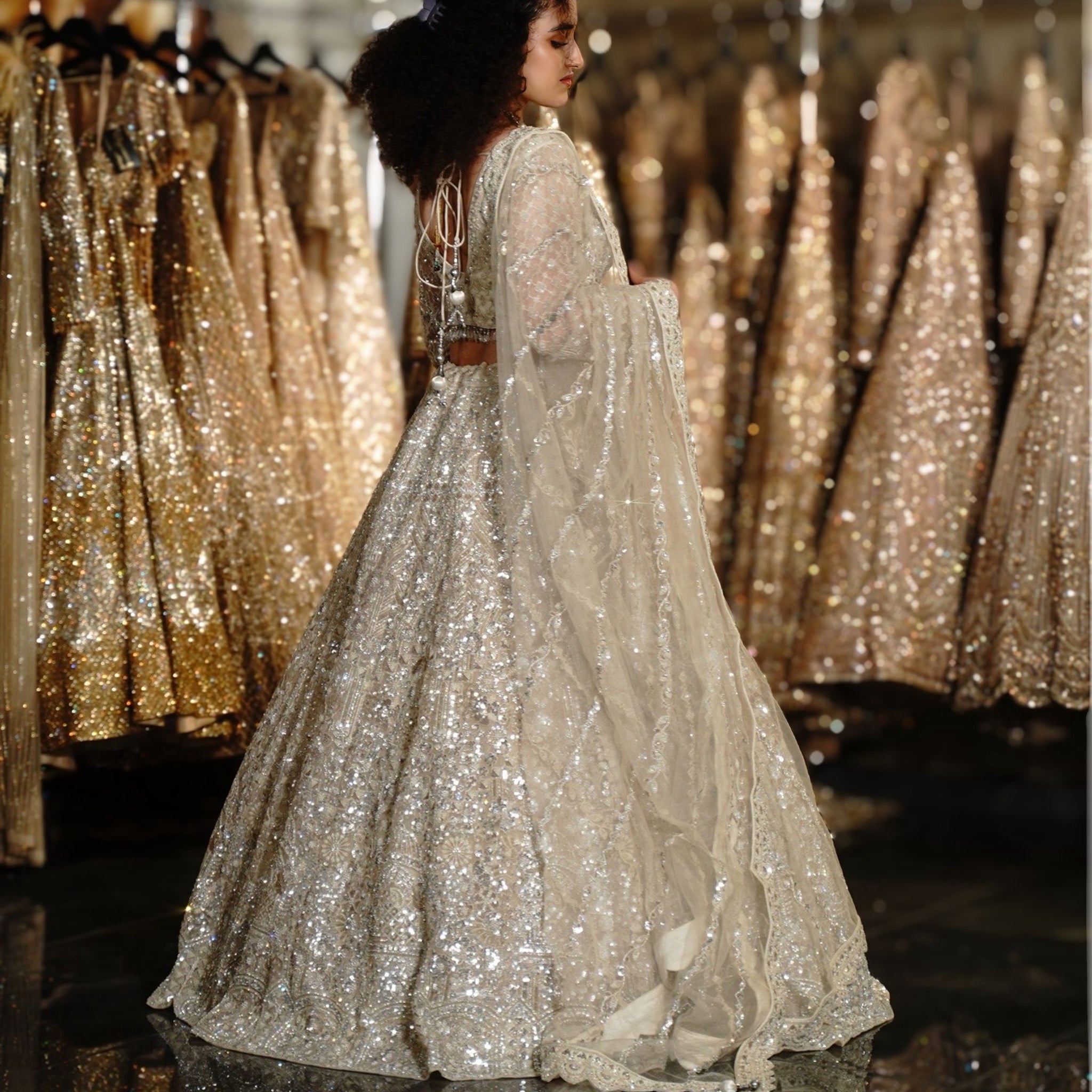 Ivory Silver Heavy Sequin & Crystal Embroidered Lehenga Set