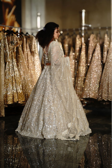 Ivory Silver Heavy Sequin & Crystal Embroidered Lehenga Set