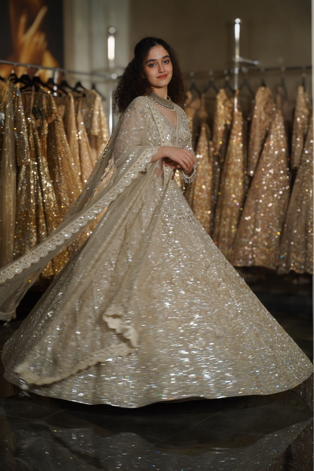 Ivory Silver Heavy Sequin & Crystal Embroidered Lehenga Set