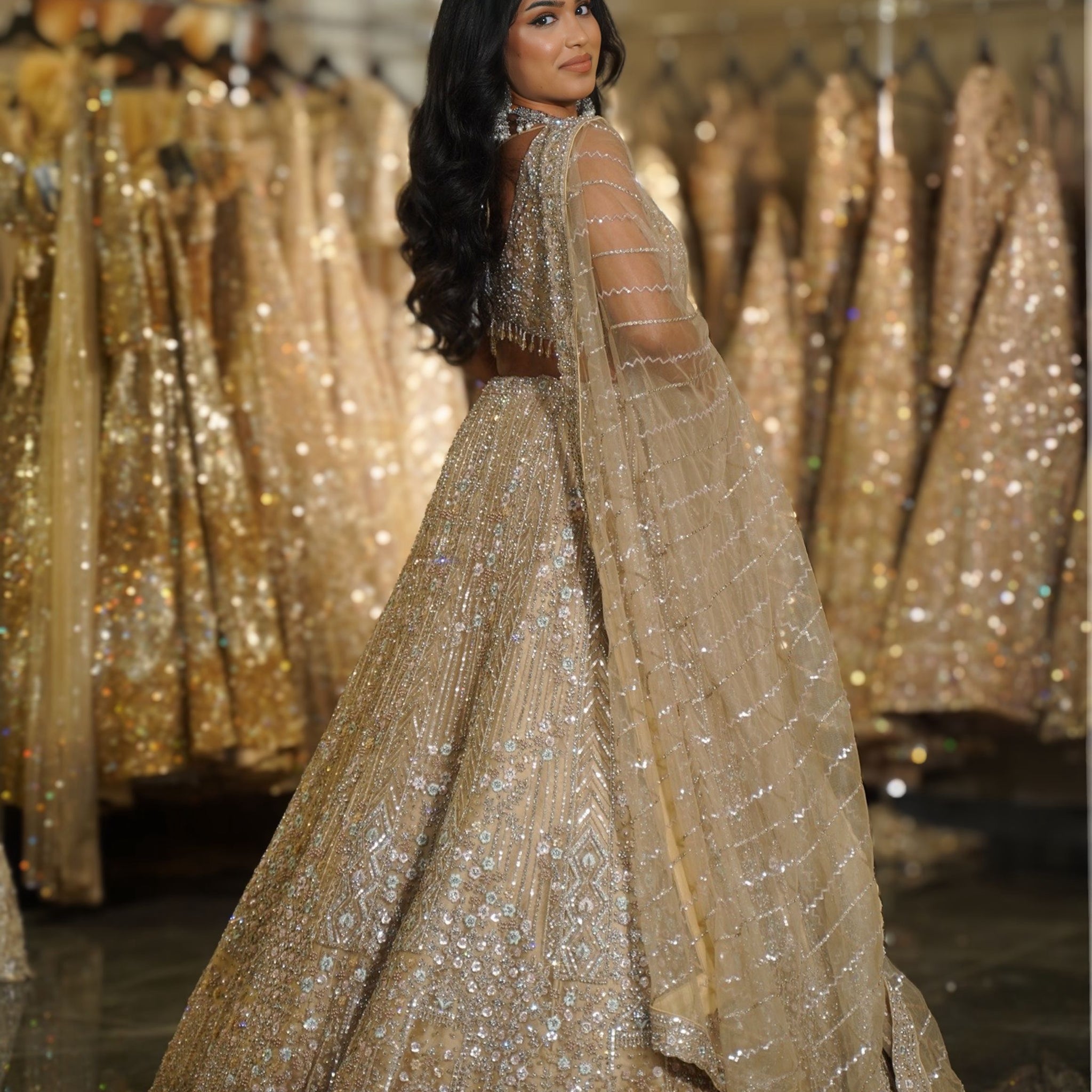 Champagne Gold Chevron & Linear Sequin Embroidered Lehenga Set