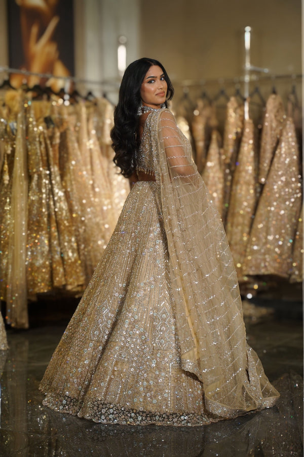 Champagne Gold Chevron & Linear Sequin Embroidered Lehenga Set