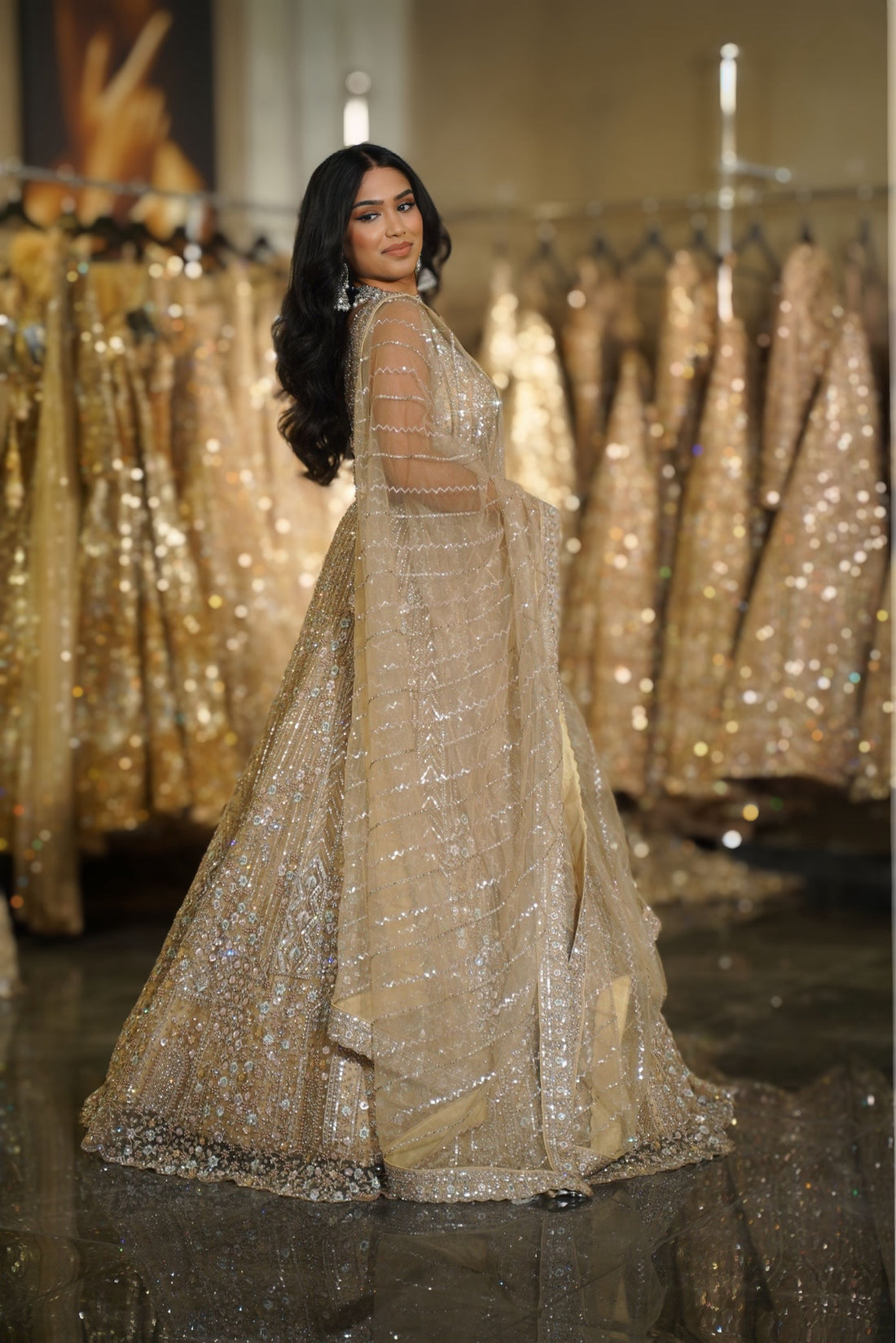 Champagne Gold Chevron & Linear Sequin Embroidered Lehenga Set