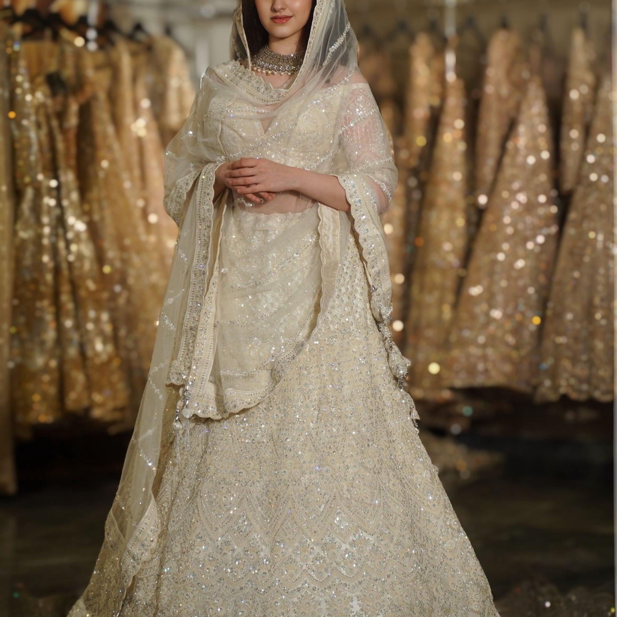 Ivory Cream Geometric Lattice & Sequin Embroidered Lehenga Set