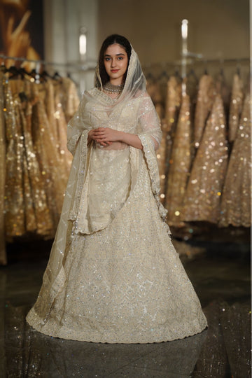 Ivory Cream Geometric Lattice & Sequin Embroidered Lehenga Set