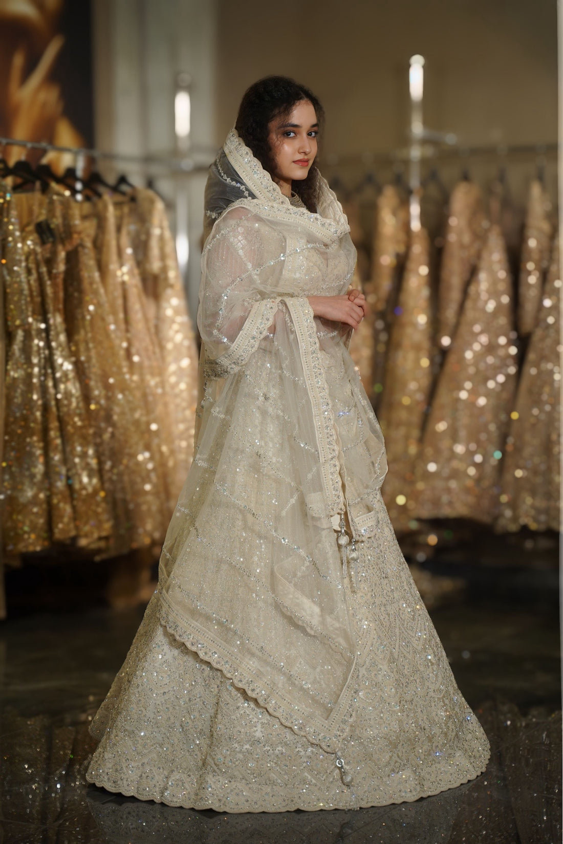 Ivory Cream Geometric Lattice & Sequin Embroidered Lehenga Set