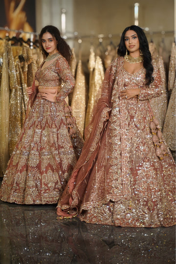 Rust Copper Architectural Sequin & Zardosi Embroidered Lehenga Set