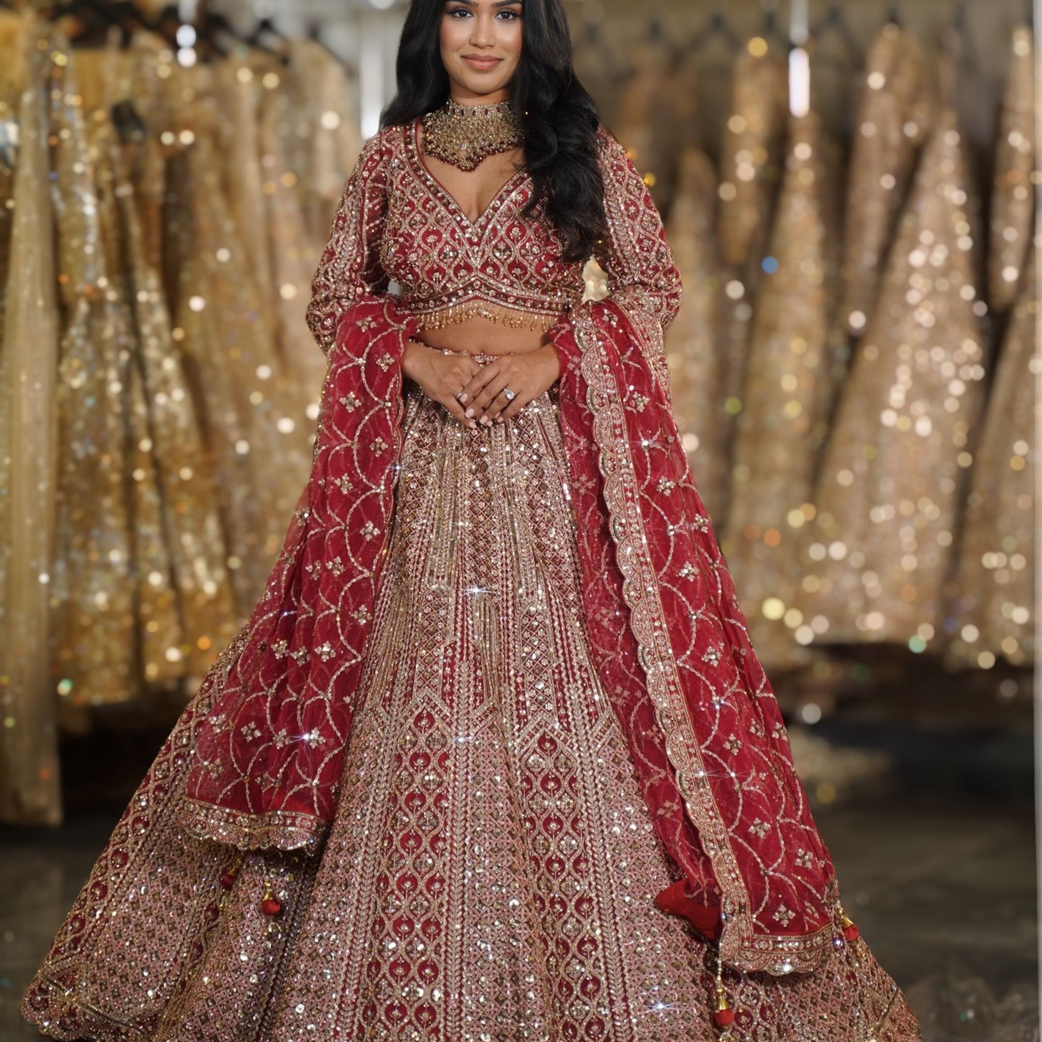 Deep Red Geometric Diamond & Crystal Embroidered Bridal Lehenga Set