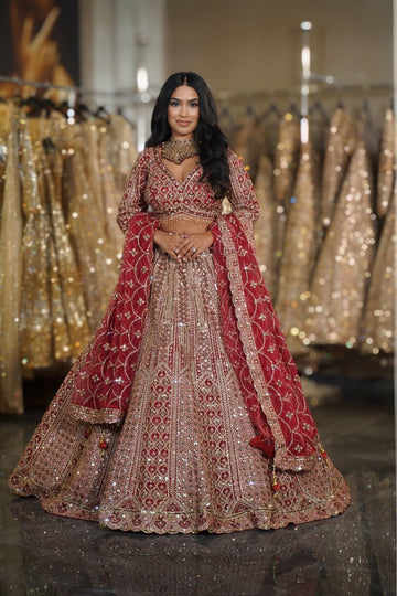 Deep Red Geometric Diamond & Crystal Embroidered Bridal Lehenga Set