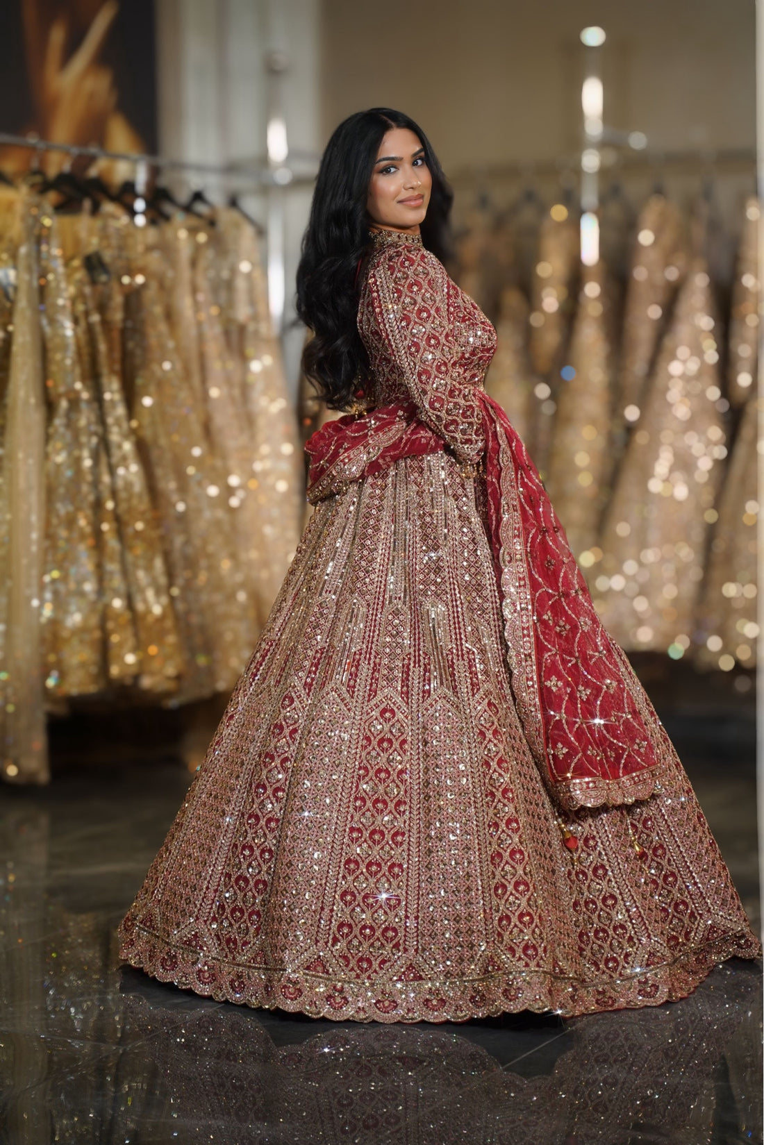 Deep Red Geometric Diamond & Crystal Embroidered Bridal Lehenga Set